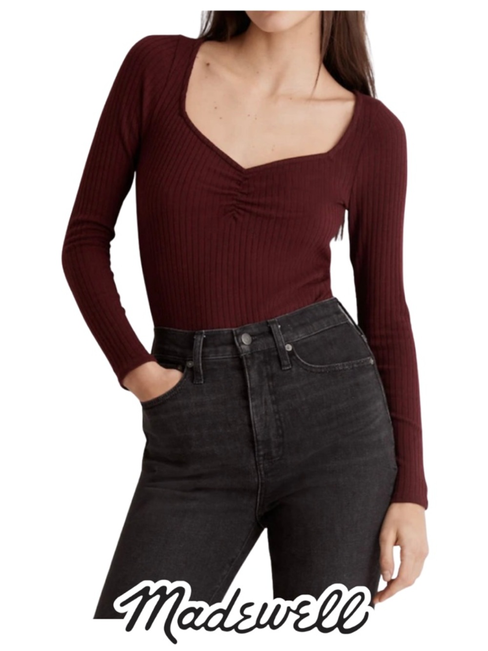 Madewell | Ribbed Sweetheart Ruched Top Cabernet NWT - Size M